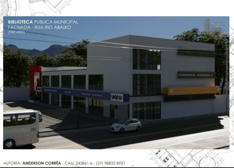 Fachada da Biblioteca Publica Municipal localizada na Rua Rio Abaixo, destacando a entrada e estrutura moderna do prédio.