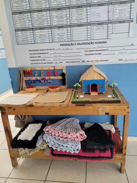 Uma mesa de madeira com artesanato, incluindo roupas de bonecas, um modelo de casa e toalhas de crochê coloridas. Ao fundo, um painel com informações sobre premiação e valorização humana.