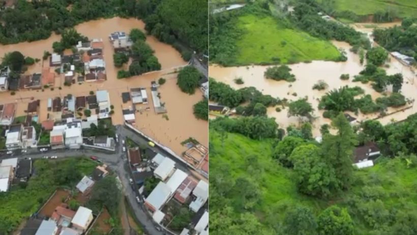 Imagem aérea mostrando áreas urbanas e rurais afetadas por inundações, com casas submersas e ruas parcialmente alagadas.