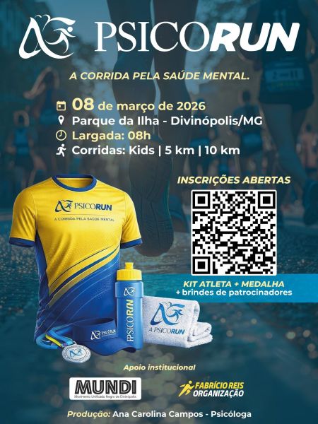 Imagem promocional da corrida PSICORUN, com data, local e detalhes da inscrição. Inclui camiseta, garrafinha e brinde do evento.