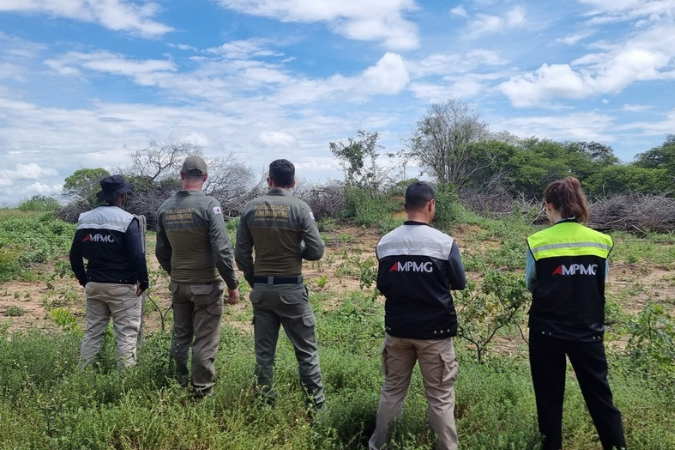 Equipe de profissionais observando uma área rural, com vegetação ao fundo e céu parcialmente nublado.