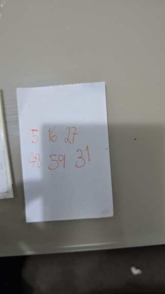 Cartão com números escritos à mão: 5, 16, 27, 48, 59, 31.