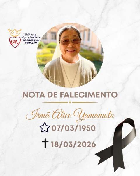 Nota de falecimento de Irmã Alice Yamamoto com foto, datas de nascimento e falecimento, e fita preta simbólica.