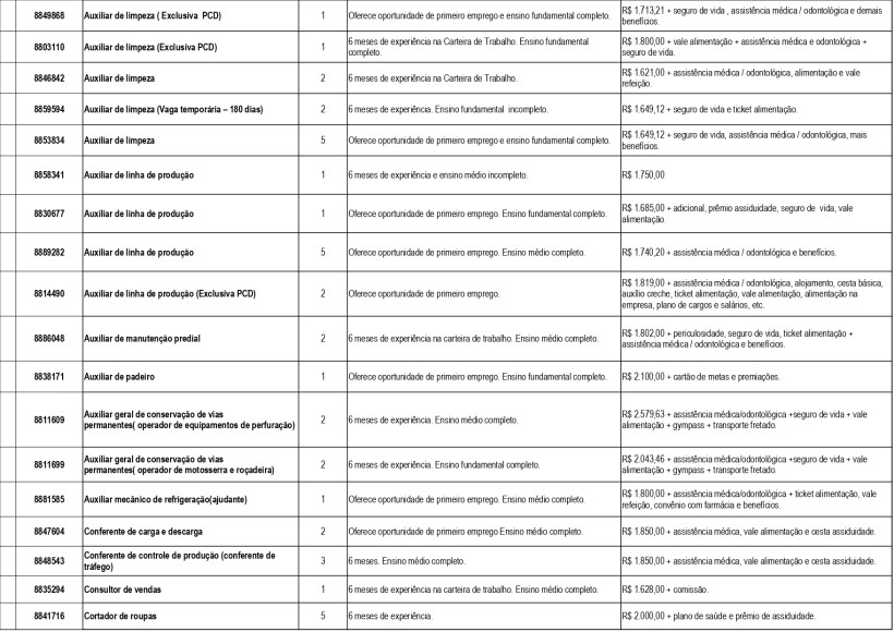 Lista de oportunidades de emprego, incluindo cargos como Auxiliar de Limpeza, Auxiliar de Linha de Produção e Auxiliar de Manutenção Predial, com requisitos e benefícios descritos.