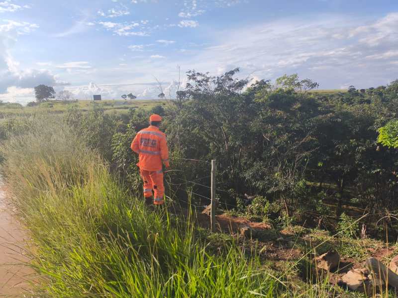 Um trabalhador vestido com um uniforme laranja está em pé ao lado de uma cerca, observando a vegetação em uma área rural sob um céu azul com algumas nuvens.