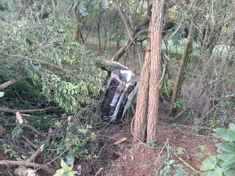 Carro acidentado em uma área de mata, parcialmente coberto por galhos e arbustos.