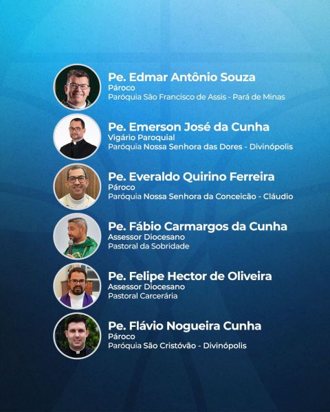 Lista de padres com fotos, nomes e paróquias em um fundo azul.