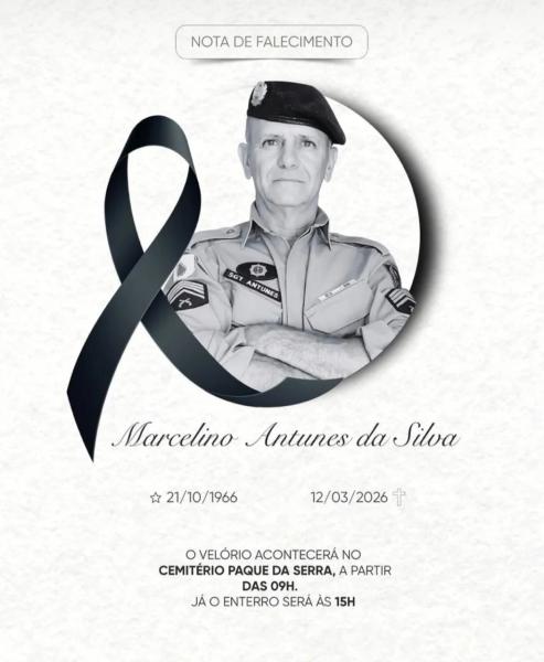 Nota de falecimento de Marcelino Antunes da Silva, com data de nascimento 21/10/1966 e falecimento em 12/03/2026. Inclui detalhes sobre o velório e enterro.