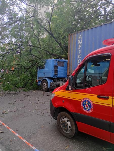Caminhão azul parcialmente coberto por uma árvore caída, com um caminhão dos bombeiros em primeiro plano.
