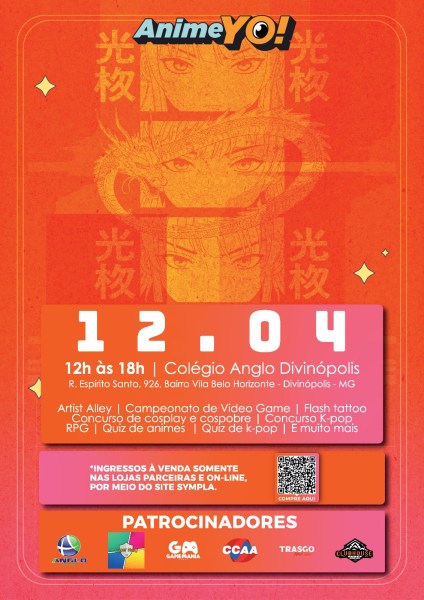 Cartaz promovendo o evento AnimeYO! com informações sobre data, horário e local, além de atividades como concursos de cosplay, jogos e quizzes.