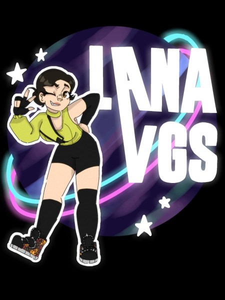 Desenho de uma jovem mulher com short e camiseta verde, fazendo sinal de paz, com fundo colorido e as palavras 'LANA VGS' em destaque.