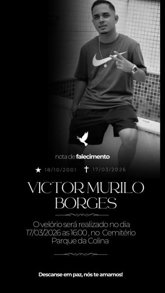 Imagem em preto e branco de um jovem sentado, vestindo uma camiseta da Nike, com uma data de falecimento e informações sobre o velório de Victor Murilo Borges.