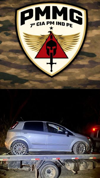 Logotipo da PMMG com fundo camuflado e uma imagem de um carro sendo rebocado à noite.