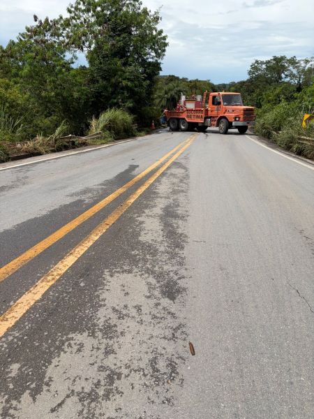 Caminho com uma caminhonete laranja parado no meio da estrada, cercada por vegetação densa e marcas de desgaste no asfalto.