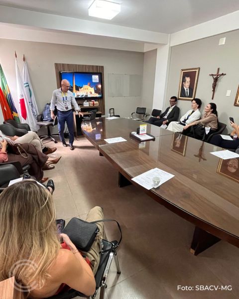 Reunião em uma sala com uma mesa longa e pessoas sentadas ao redor, um homem em pé apresentando informações com uma tela ao fundo.