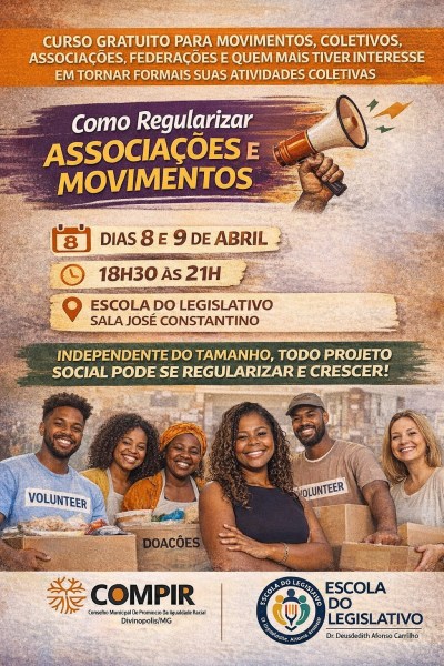 Cartaz do curso gratuito 'Como Regularizar Associações e Movimentos', com informações sobre datas, horários e local. Imagem de um grupo diversificado de pessoas sorrindo, segurando caixas de doações.