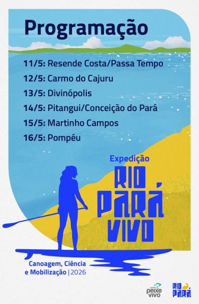 Programa da Expedição Rio Pará Vivo com datas e locais de atividades de canoagem entre 11 e 16 de maio de 2026