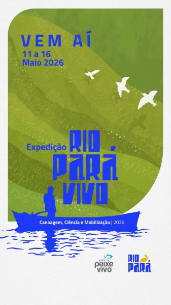 Banner anunciando a Expedição Rio Pará Vivo, com datas de 11 a 16 de maio de 2026. Inclui imagens de canoagem e mobilização ambiental.