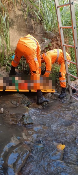Dois profissionais de resgate em trajes laranjas estão trabalhando em uma área com água e pedras, utilizando uma prancha para mover uma vítima.