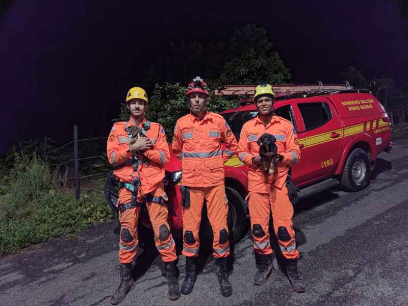 Três bombeiros em trajes de resgate laranja, posando em frente a uma viatura do corpo de bombeiros à noite. Um dos bombeiros segura um cachorro.