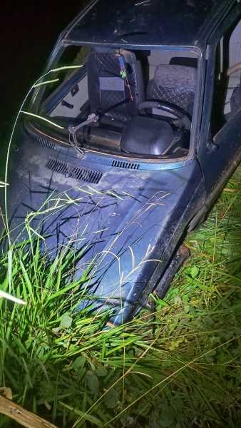 Veículo acidentado parado em uma área com grama alta, visível de lado, com interior parcialmente visível.