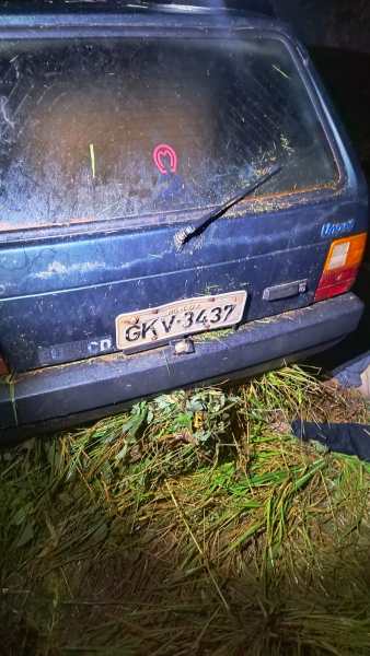 A traseira de um carro azul em um local com grama alta, com sujeira no vidro e um para-choque danificado. A placa é GKV-3437.