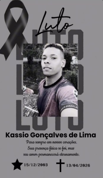 Imagem em homenagem a Kassio Gonçalves de Lima, com a frase 'Luto' e símbolos de luto. Inclui uma foto do homenageado e datas de nascimento e falecimento.