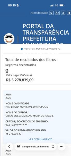 Captura de tela do Portal da Transparência da Prefeitura Municipal de Divinópolis, mostrando resultados de filtros com 9 registros encontrados e um valor total pago de R$ 5.278.839,09.