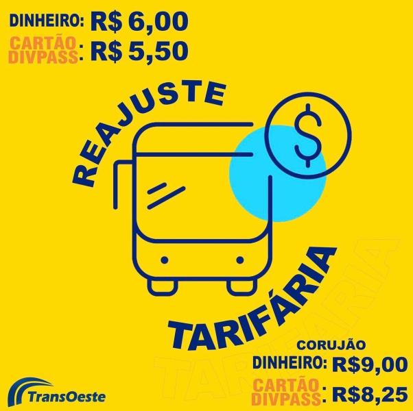 Imagem sobre reajuste de tarifa de transporte público, mostrando preços: Dinheiro R$ 6,00, Cartão Divpass R$ 5,50, Corujão Dinheiro R$ 9,00, Cartão Divpass R$ 8,25. Fundo amarelo com ícones de ônibus e símbolo de dólar.