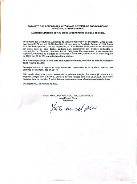 Aviso do Sindicato dos Condutores Autônomos de Veículos Rodoviários de Divinópolis, Minas Gerais, sobre a convocação de eleição sindical. O documento inclui informações sobre o registro de chapas e prazos para candidatura.