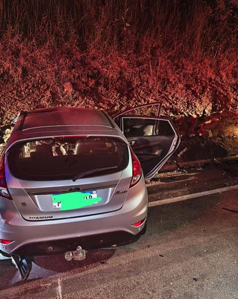 Um carro prata estacionado à beira da estrada, com a porta traseira aberta e vegetação ao fundo.