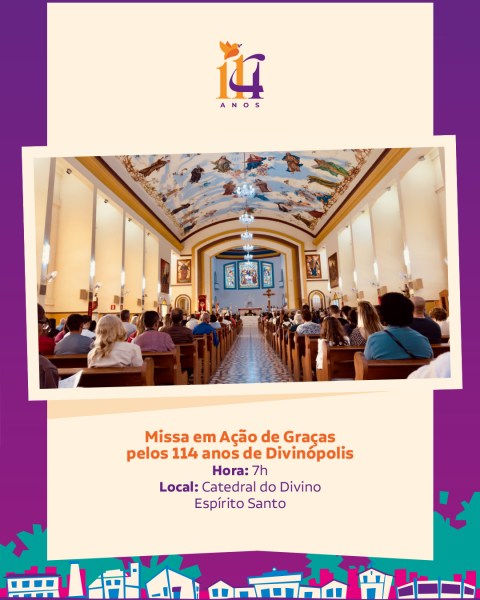Interior da Catedral do Divino com pessoas participando da missa em Ação de Graças pelos 114 anos de Divinópolis.