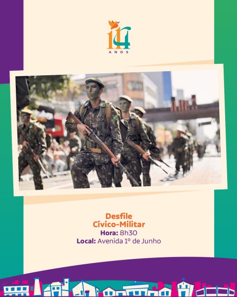 Cartaz promovendo um desfile cívico-militar, com horário e local especificados.