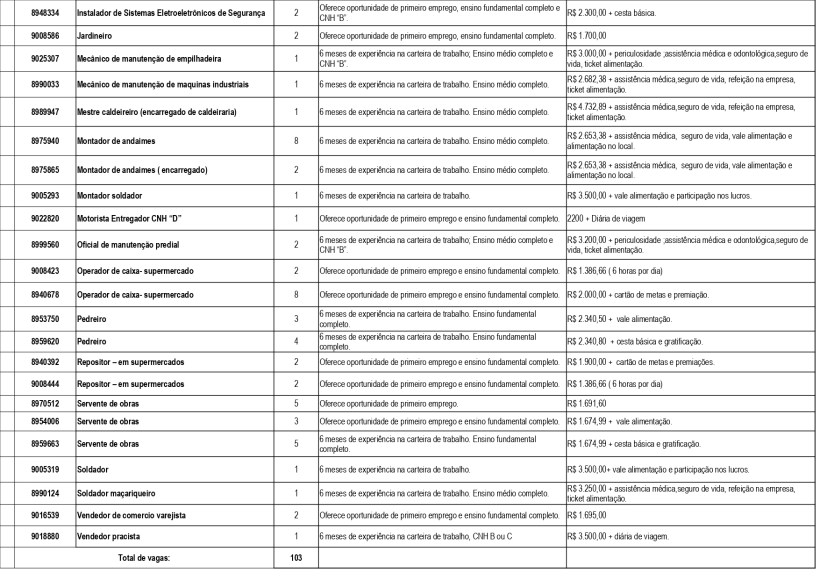 Tabela com lista de vagas de emprego, incluindo cargos, requisitos, experiências necessárias e salários oferecidos.