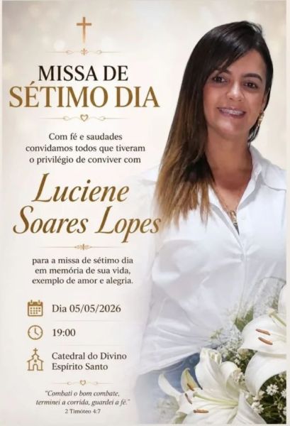 Cartaz de missa em memória de Luciene Soares Lopes, com a data e horário da celebração, destacando amor e alegria.