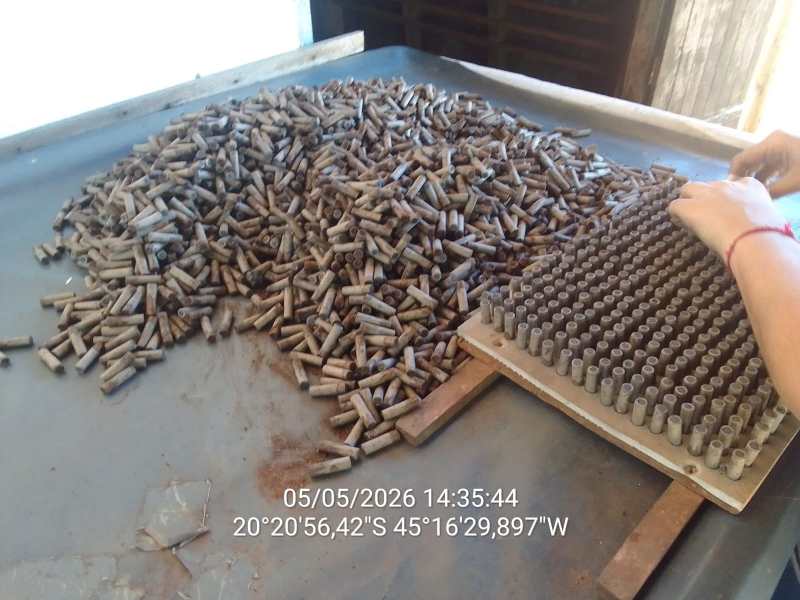 Uma mesa com uma pilha de pequenos cilindros de madeira e uma pessoa organizando um suporte com cilindros semelhantes.