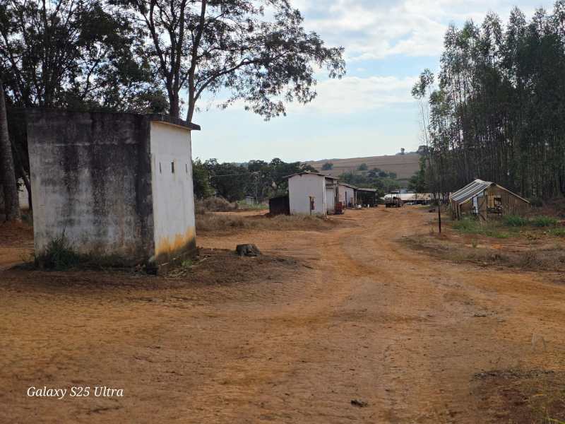 Vista de um caminho de terra em uma área rural, com casas simples e árvores ao fundo.