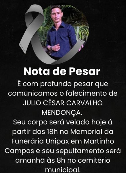 Nota de pesar informando o falecimento de Julio César Carvalho Mendonça, com detalhes sobre o velório e sepultamento.