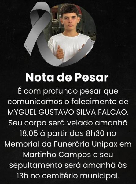 Nota de pesar anunciando o falecimento de Myguel Gustavo Silva Falcão, com informações sobre velório e sepultamento.