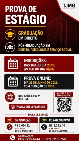 Imagem informativa sobre a prova de estágio em Direito, com detalhes sobre graduação e pós-graduação, datas de inscrição e prova online.