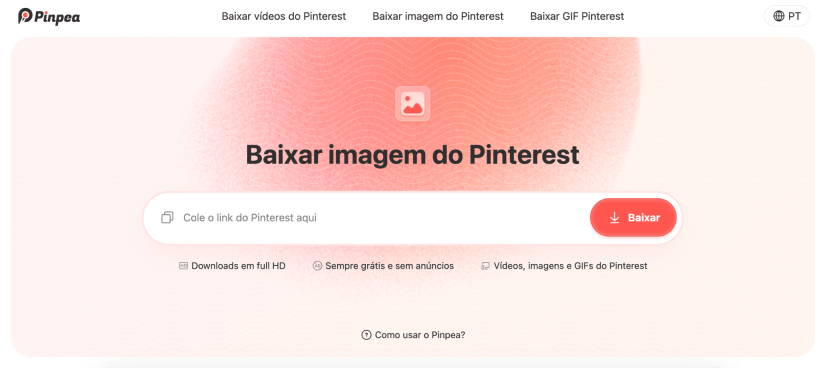 Página inicial do Pinpea com opção para baixar imagens do Pinterest e espaço para colar o link.