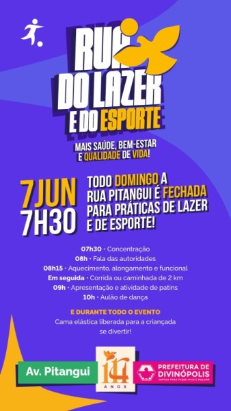 Banner informativo sobre o 'Rua do Lazer e do Esporte' com data e horários de atividades.