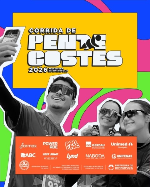 Imagem promocional da Corrida de Pente Costes 2026, mostrando participantes sorrindo e segurando celulares em uma selfie. O fundo é colorido com elementos gráficos e logotipos de patrocinadores.