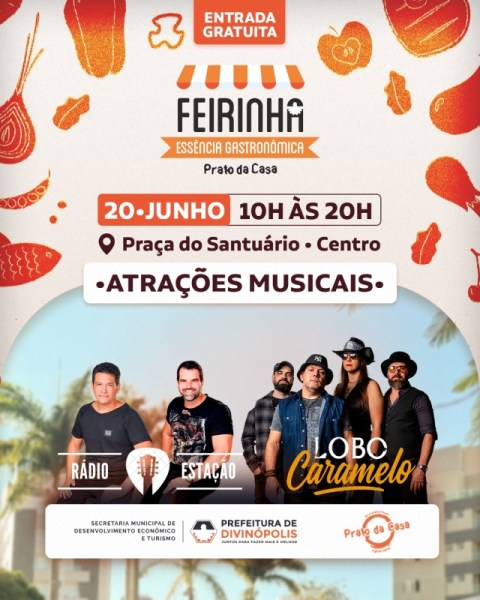 Pôster do evento 'Feirinha' com detalhes sobre data, horário e local, destacando atrações musicais. Inclui a imagem de artistas e elementos gráficos relacionados à gastronomia.