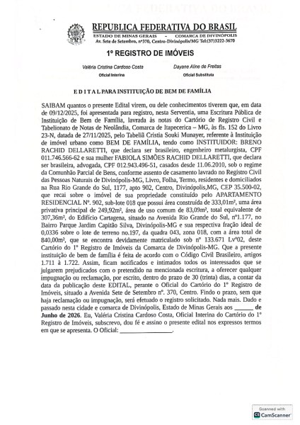 Edital para instituição de bem de família, publicado pelo 1º Registro de Imóveis, contendo informações sobre novos registros e instituições no Brasil.