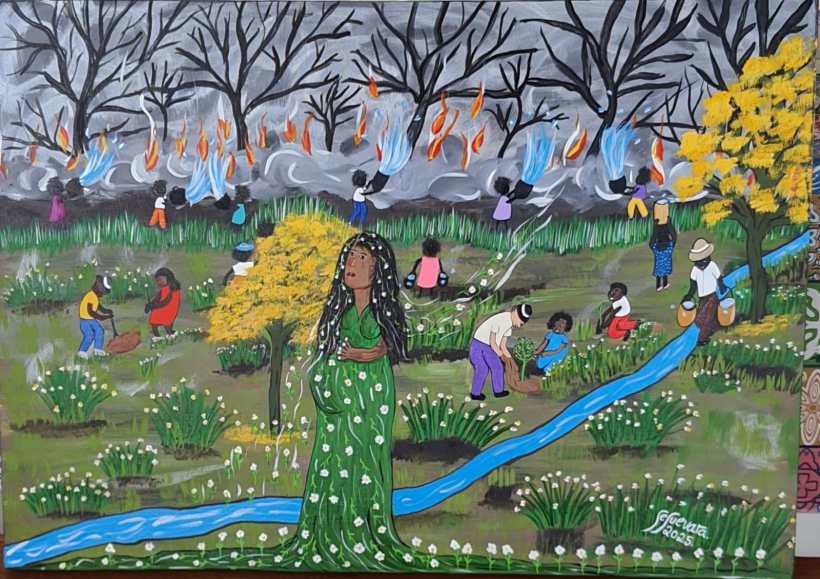 Uma ilustração vibrante mostrando uma mulher em vestes verdes, cercada por pessoas que plantam em um ambiente de floresta ameaçado por incêndios, com árvores queimando ao fundo e um rio fluindo.
