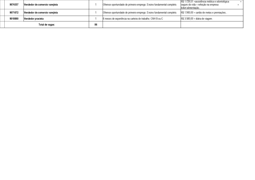 Tabela de oportunidades de emprego para vendedores com detalhes sobre o cargo e remuneração.
