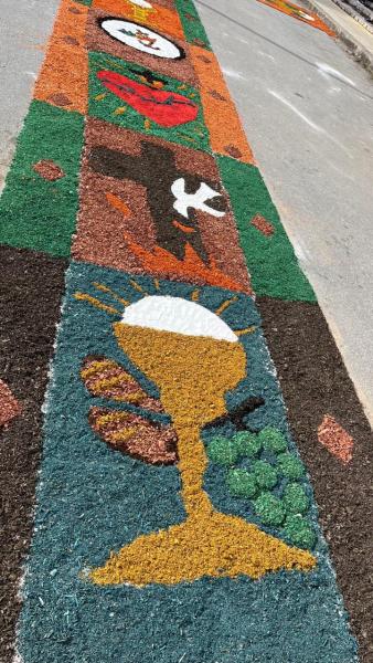 Mosaico colorido feito com materiais naturais, representando um cálice, frutas e símbolos decorativos em um tapete de rua.