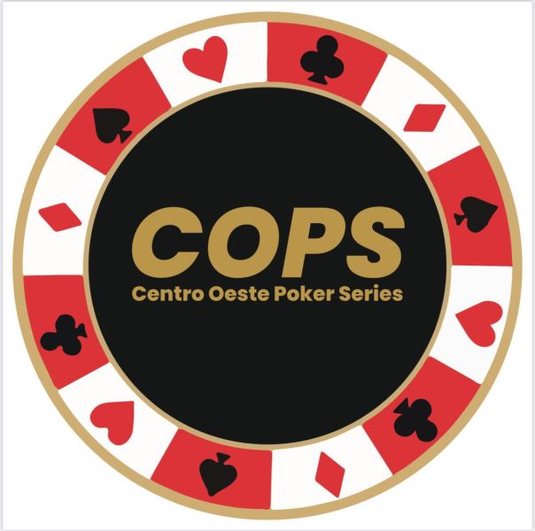 Logo for the Centro Oeste Poker Series (COPS) featuring a black center with bold gold letters spelling 'COPS' and the full name below, surrounded by alternating red and white sections decorated with playing card suits.