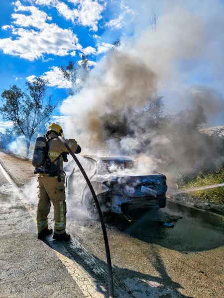 Bombeiro combatendo incêndio em um carro na estrada, cercado por fumaça e árvores.